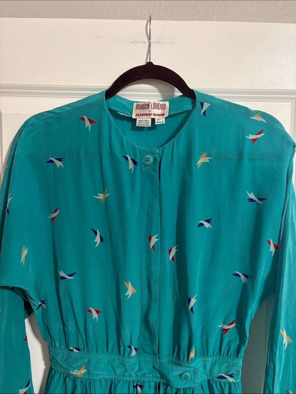 Maggy London Teal Bird-Print Button Front Dress